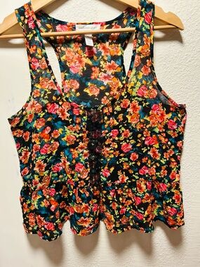 Ambiance Black Floral Racerback Peplum Tank with Pink & Orange Flowers